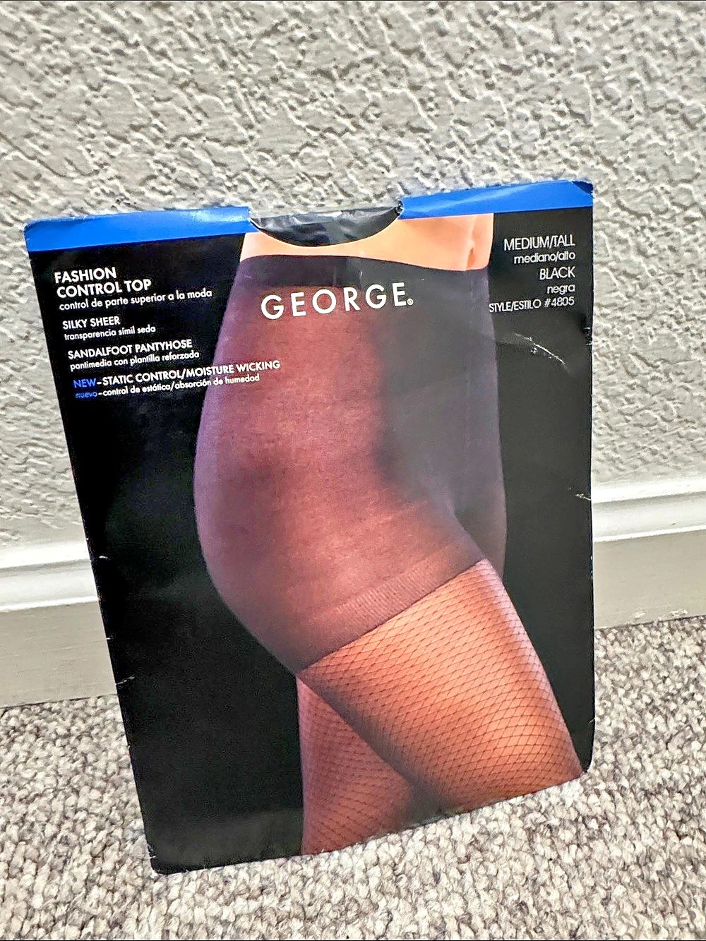 George Fashion Control Top Silky Sheer Sandalfoot Pantyhose Black M/L NWT